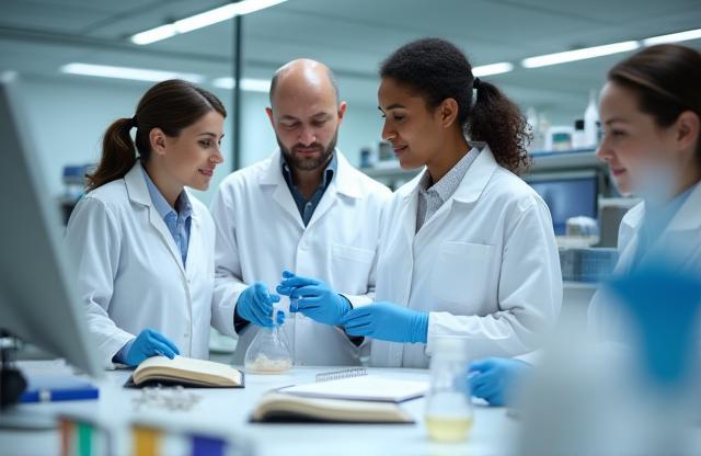 Team of cosmetic scientists collaborating in a lab